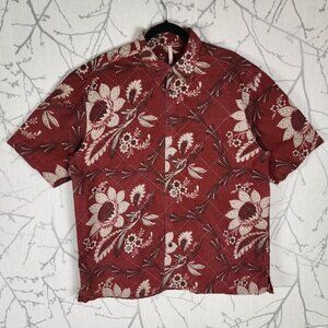 Axis Red Floral Print Linen Cotton Button Front Short Sleeve Shirt